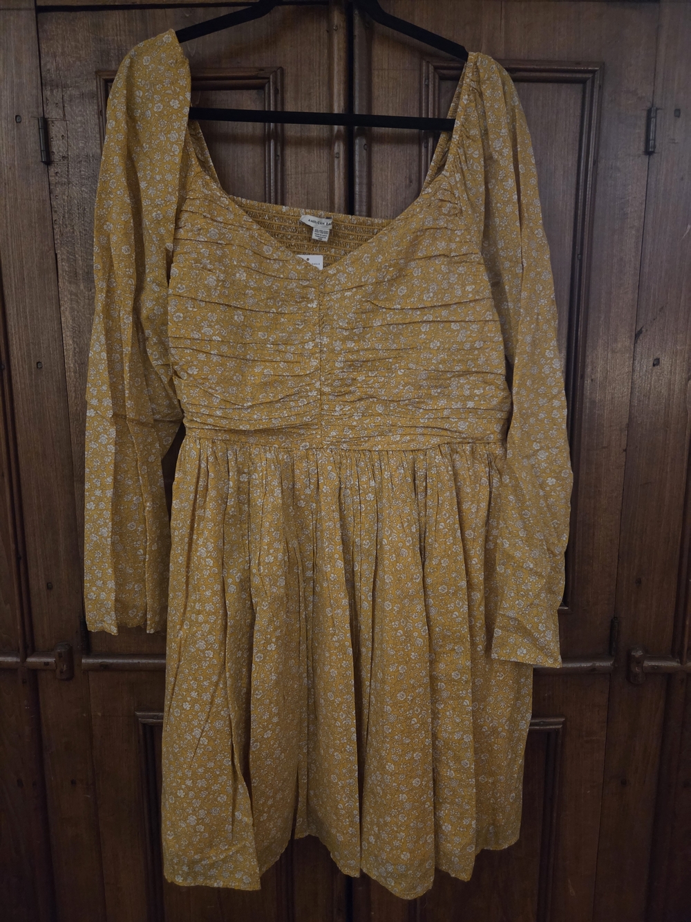 American Eagle Outfitters Yellow Floral Long-Sleeve Square Neck Dress